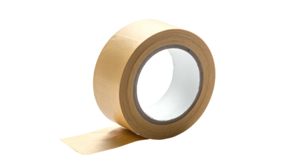 Close-up studio shot of a roll of brown paper tape with a white core, pulled off a bit