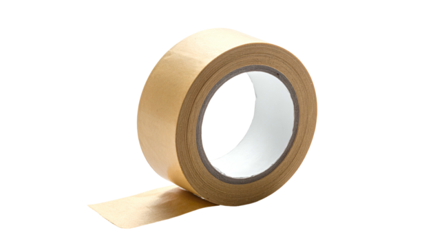 Close-up studio shot of a roll of brown paper tape with a white core, pulled off a bit