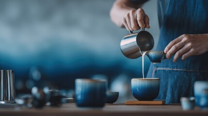 Barista Pouring Milk into Cup, Creating Latte Art, Skillful Preparation in a Coffee Shop Setting