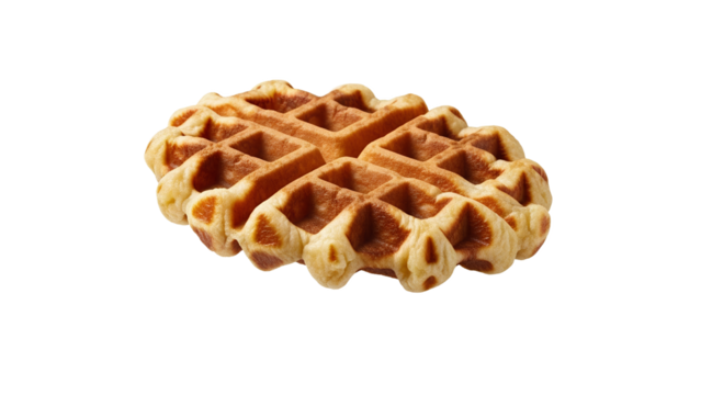 Crisp golden waffle levitating on a plain white canvas, showcasing its intricate grid pattern and inviting texture making it an edible masterpiece