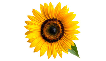 Obraz premium Close-up of a vibrant sunflower with bright yellow petals, black center, and a green leaf