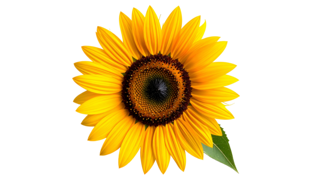 Close-up of a vibrant sunflower with bright yellow petals, black center, and a green leaf - Powered by Adobe