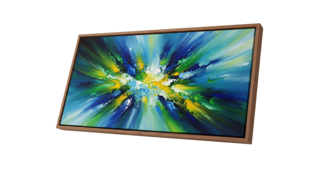 Contemporary framed artwork featuring vibrant color bursts against a clean white background creating a striking visual focus