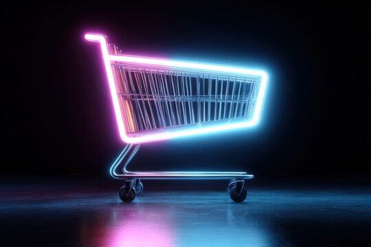 Shopping Cart Illuminated by Neon Lights, Representing E-commerce, Online Shopping, Retail Trends, and Modern Consumerism
