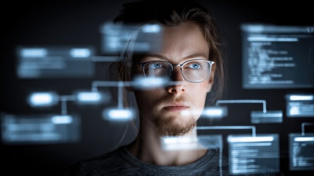 Focused Programmer Analyzing Complex Code on Transparent Display for Cybersecurity and Software Development