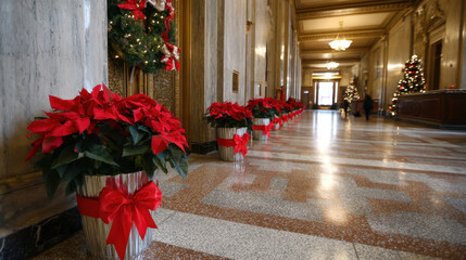 Row of bright red poinsettias decorating a historic building corridor with holiday wreaths, warm lights, and festive Christmas atmosphere