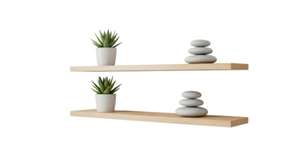 Shelves with Plants and Stones: A Minimalist Interior Design with Balancing Elements