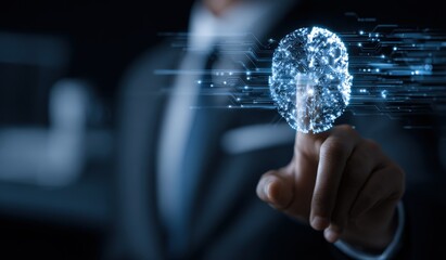 Artificial Intelligence Interface: Man Interacting with a Digital Brain Representation on a Touchscreen, Futuristic Technology