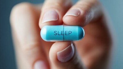 A person's fingers hold a blue capsule labeled 'sleep,' illustrating potential treatments.