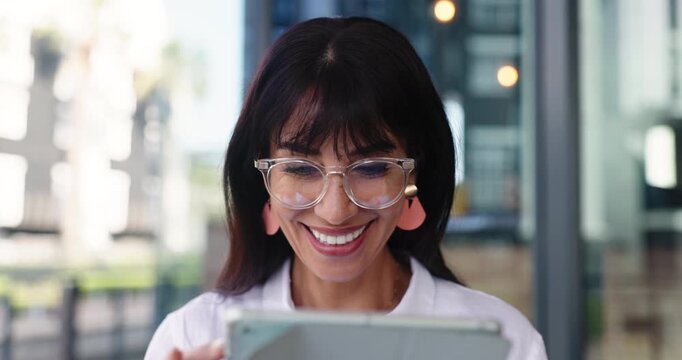 Business woman, tablet and smile in cafe for remote work, email notification and feedback. Freelancer, glasses and tech with internet for article, proofreading or review in coffee shop for proposal