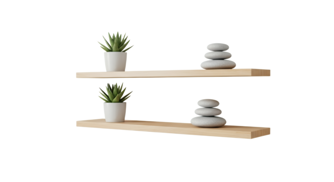 Shelves with Plants and Stones: A Minimalist Interior Design with Balancing Elements