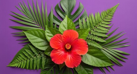 A vibrant red hibiscus flower is centered among a variety of lush green tropical leaves, including monstera and ferns, arranged on a striking purple background.