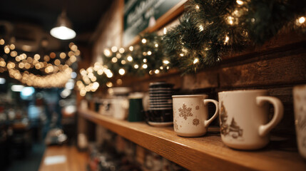 A warm coffee shop shelf lined with holiday mugs beneath glowing Christmas garlands and twinkling string lights