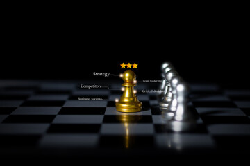 Golden pawn highlighted with business keywords on chessboard symbolizing leadership, strategy, competition, and critical decision-making.