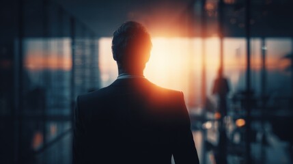 Confident Businessman Silhouette Gazing at City Sunset, Symbolizing Leadership and Ambition in Corporate World