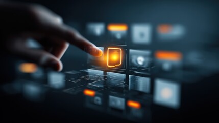 Interactive Touchscreen Interface: Finger Activating Digital Icon for Data Management and Modern Technology