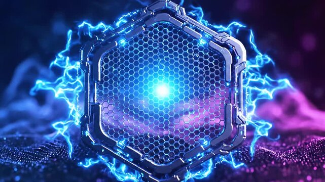 Futuristic blueenergy hexagonal shield pulses with neon glow against a purple digital mesh backdrop