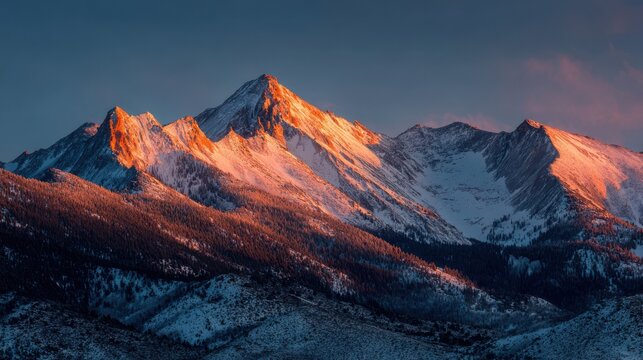 Majestic snow capped mountain peaks bathed in golden sunrise light mountains
