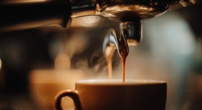 Espresso Pour: Close-up of Fresh Coffee Extracting into a Cup in a Cafe Setting