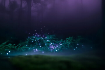 Enchanting night scene with glowing fairy lights illuminating lush green foliage against a dark mystical purple sky creating a magical and ethereal atmosphere