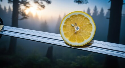 The juxtaposition of a vibrant lemon atop a sharp katana blade in forest sunlight