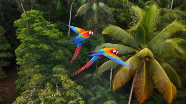 Two Colorful Macaw Parrots Flying Over Lush Green Rainforest Canopy saturated shot