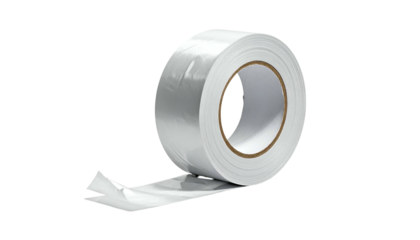 A roll of translucent, silver adhesive tape is isolated on a black background