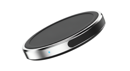 Sleek Round Device with Metallic Trim and Subtle Blue Indicator Light on a White Backdrop showing simplicity and style design 99 characters