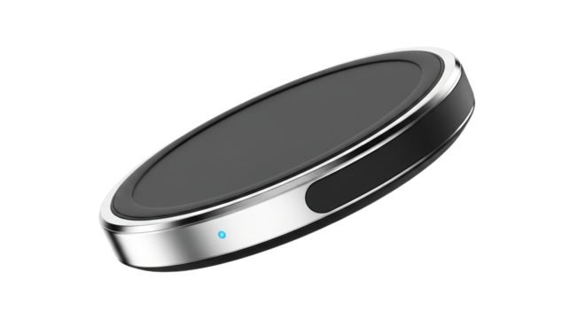 Sleek Round Device with Metallic Trim and Subtle Blue Indicator Light on a White Backdrop showing simplicity and style design 99 characters