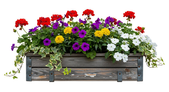 Colorful floral arrangement in a rustic wooden planter box, showcasing diverse blooms and trailing ivy against a white background