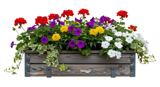 Colorful floral arrangement in a rustic wooden planter box, showcasing diverse blooms and trailing ivy against a white background