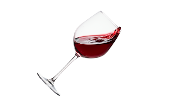 Elegant swirling red wine in a clear glass, showcasing a dynamic visual on a white backdrop with sophisticated ambiance of indulgence