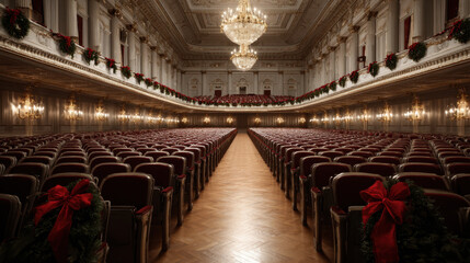 Obraz premium Grand concert hall decorated with elegant christmas garlands, red bows, and glowing chandeliers