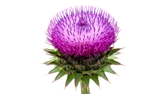 Close-up of a vibrant purple and green thistle flower against a stark black background