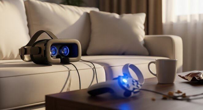Relaxing evening with virtual reality headset and controller on the cozy sofa