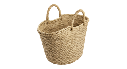 Woven Elegance: A Rustic Straw Basket with Handles for Storage and Decor Purposes Depicting Craftsmanship and Natural Appeal