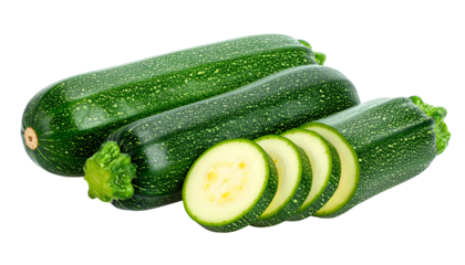 Three green oblong vegetables, one partially sliced, against a dark background, in a studio