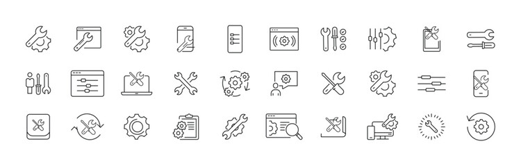 Collection of Line Icons of builder, engineer, repair and renovation. Suitable for books, stores, shops. Editable stroke in minimalist outline style. Symbol for design. Settings, vector illustration. © Zahra
