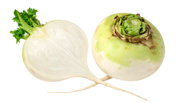 Close-up of a halved and whole root vegetable with green and white coloration on transparent