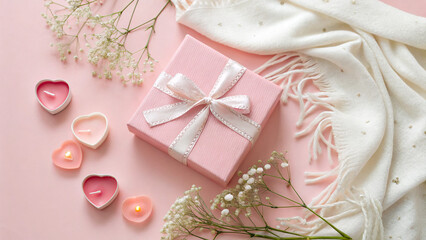 Celebration gift box surrounded by candles and flowers on a soft pink background