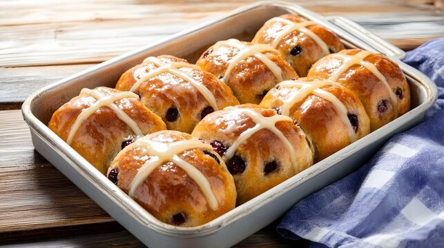 Freshly baked hot cross buns with white icing crosses in a metal tray