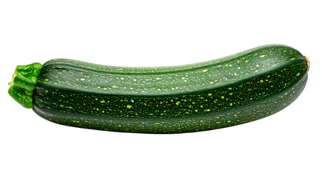 Close-up of a vibrant green, elongated summer squash with textured skin, isolated on black
