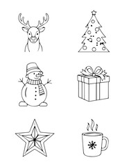 Christmas vector illustration set of holiday icons including tree, gift box, snowman, and Santa hat decoration
