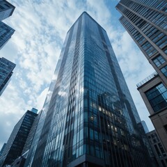 High Rise Glass Skyscraper Reaching into Blue Sky Surrounded by Urban Cityscape of Modern Architecture