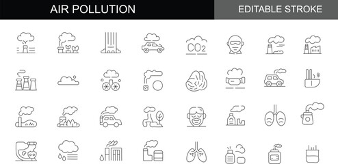 Global Air Pollution and Environmental Hazard Editable Stroke Line Icon Set: Ecology and Climate Vector Collection
