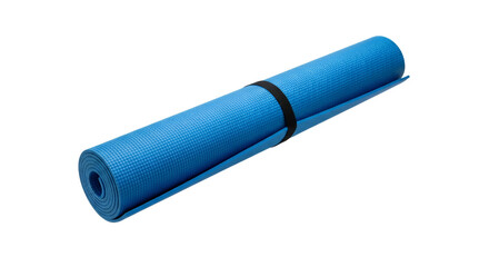 Tranquil blue yoga mat, secured with a band, against a calming white backdrop creating a sense of wellness and fitness studio essentials