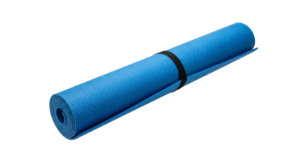 Tranquil blue yoga mat, secured with a band, against a calming white backdrop creating a sense of wellness and fitness studio essentials