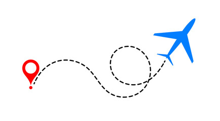 Airplane flying from a location point, dashed line path. A minimalist, conceptual illustration. 