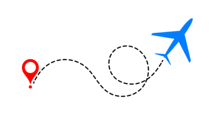 Airplane flying from a location point, dashed line path. A minimalist, conceptual illustration. 