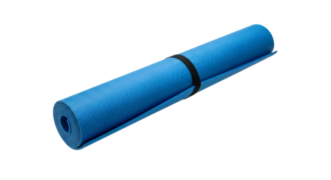 Tranquil blue yoga mat, secured with a band, against a calming white backdrop creating a sense of wellness and fitness studio essentials